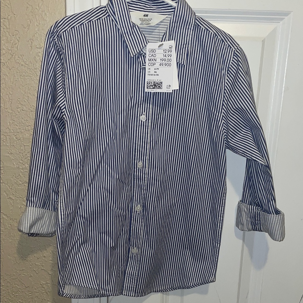 H&M Boys Navy and White Striped Button Down Shirt